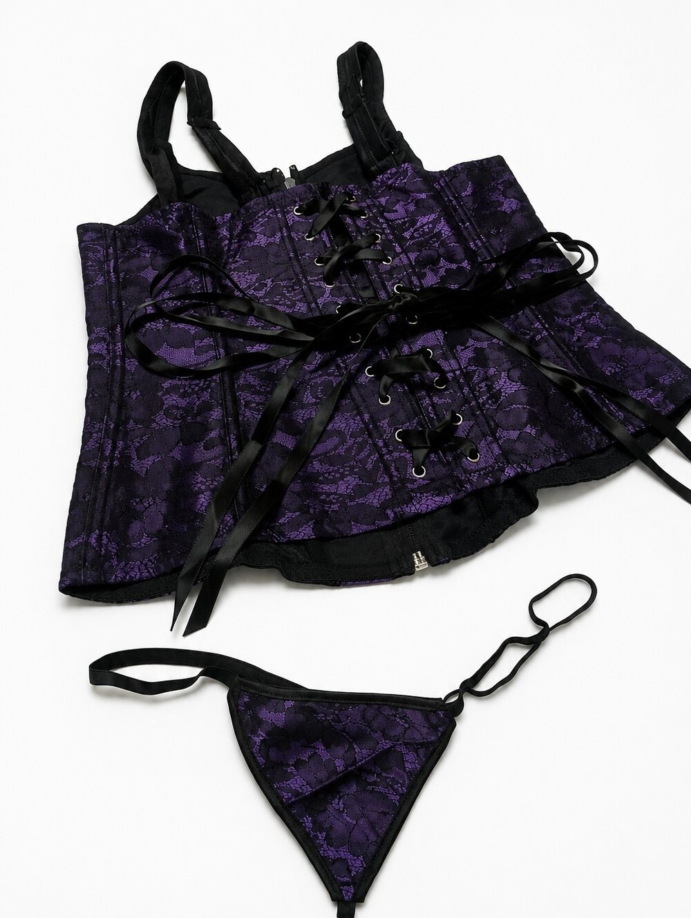 Purple Black Lace Corset Bustier & Thong Lingerie Set XL New in Package